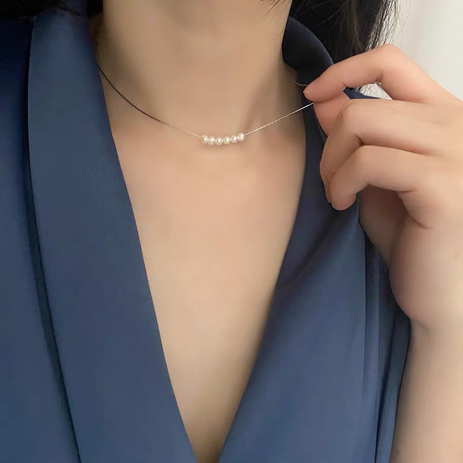 New 925 Sterling Silver Necklace Simple Accessories Natural Freshwater Pearl Smile Collarbone Chain for Women