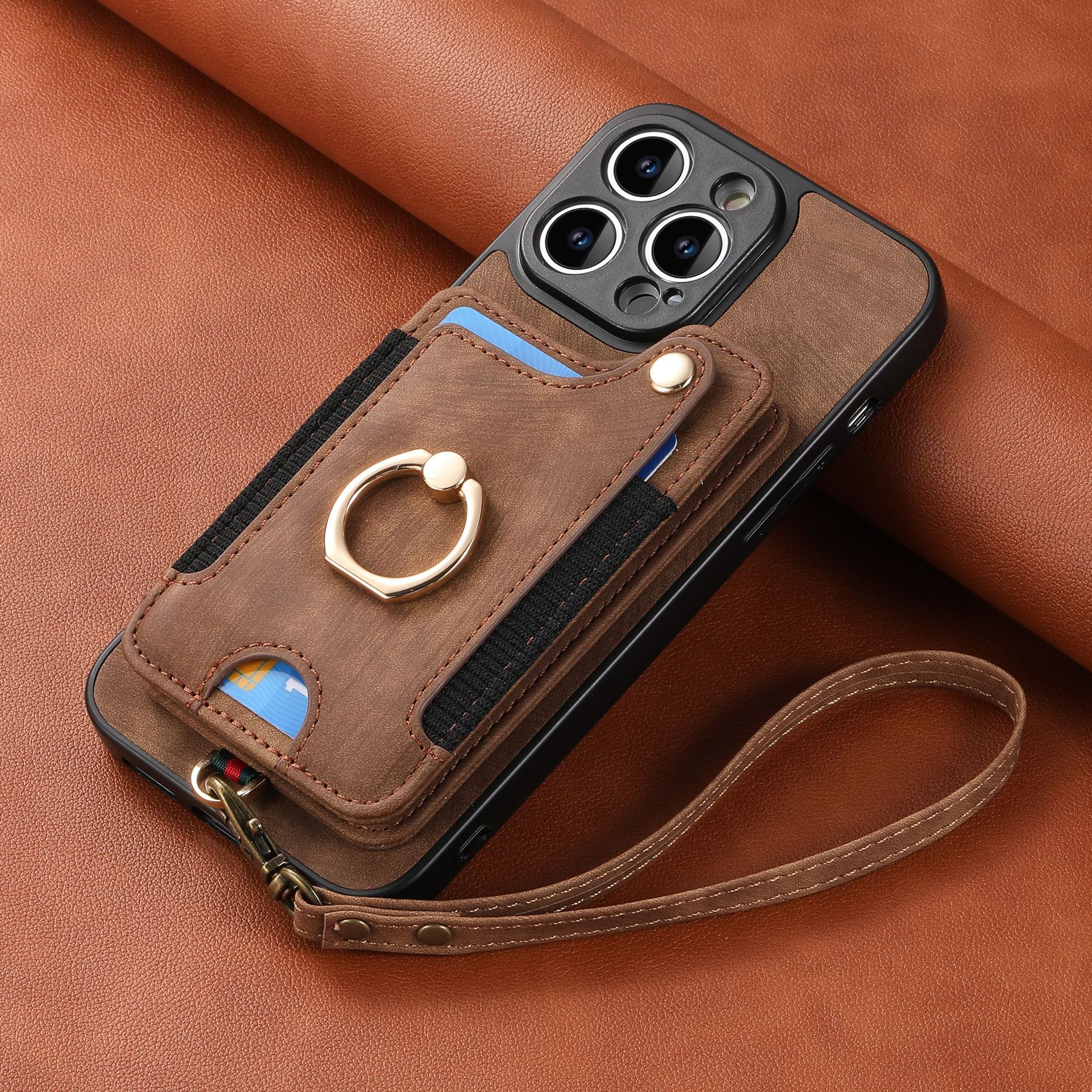For iPhone18 phone leather case RFID anti-skimming ring buckle lanyard multifunctional card holder Apple phone