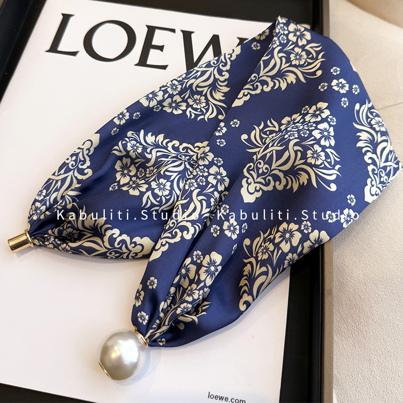 Magnetic buckle pearl necklace narrow small long strip silk scarf women neck protection matching shirt neck scarf gauze scarf thin scarf