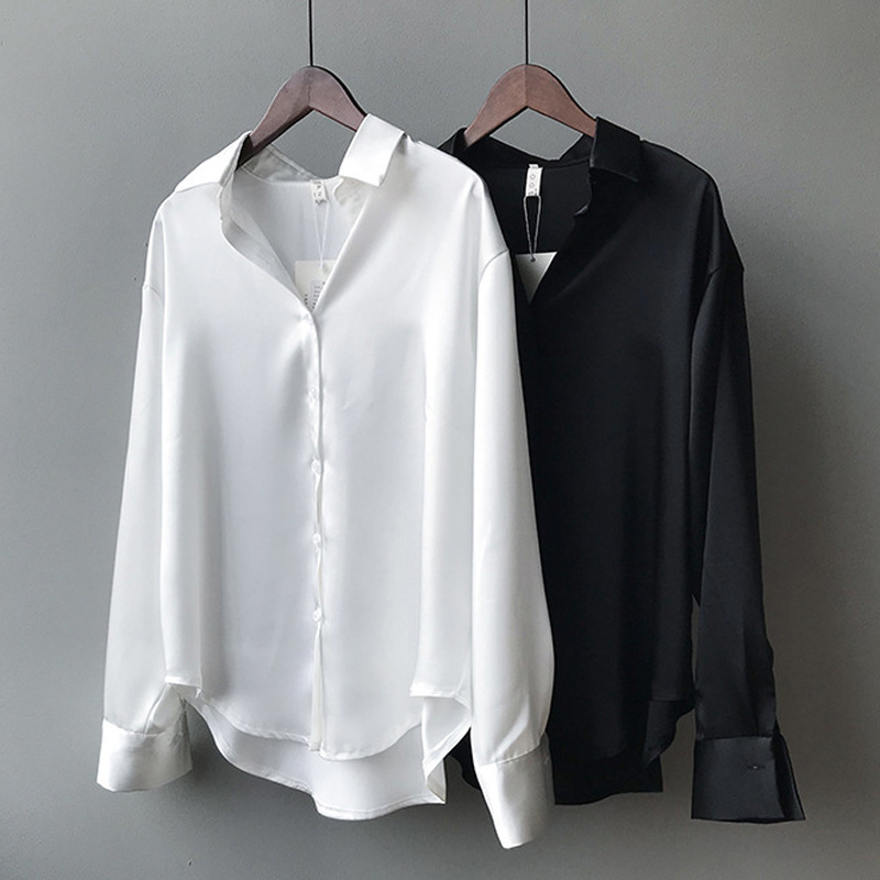 Acetate silk satin white shirt women 2026 spring autumn winter new niche layering top