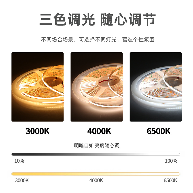 COB LED strip light, three-color change, self-adhesive, living room, 24V, 8mm, 480, dimmable, dual color temperature, smart, linear strip light