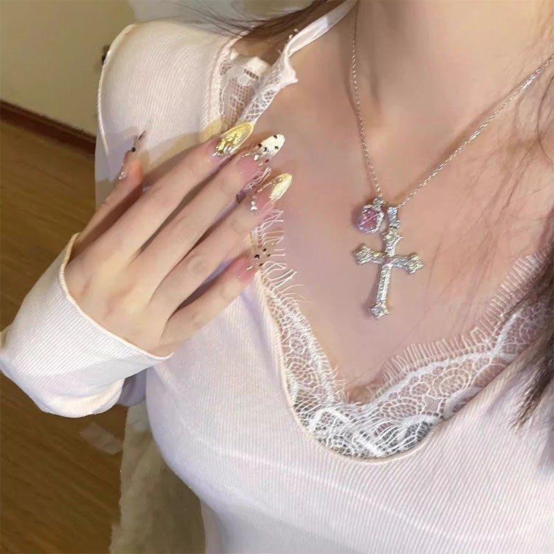 Multi-Layer Cross Tassel Necklace Court Style Collarbone Chain Sweet Cool Necklace for Women