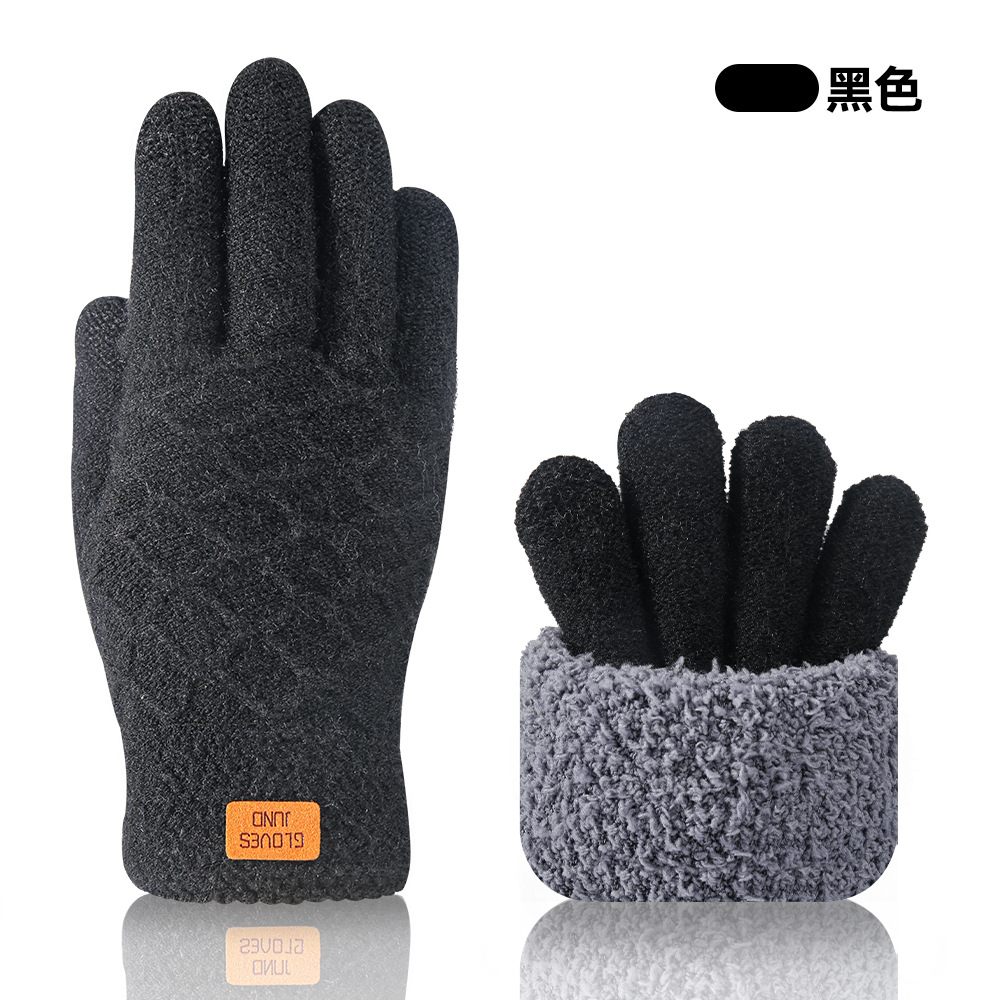 Touchscreen Gloves Winter Warm Cold-Proof Double-Layer Fleece-Lined Thick Men Black Wool Cycling Knit Touchscreen