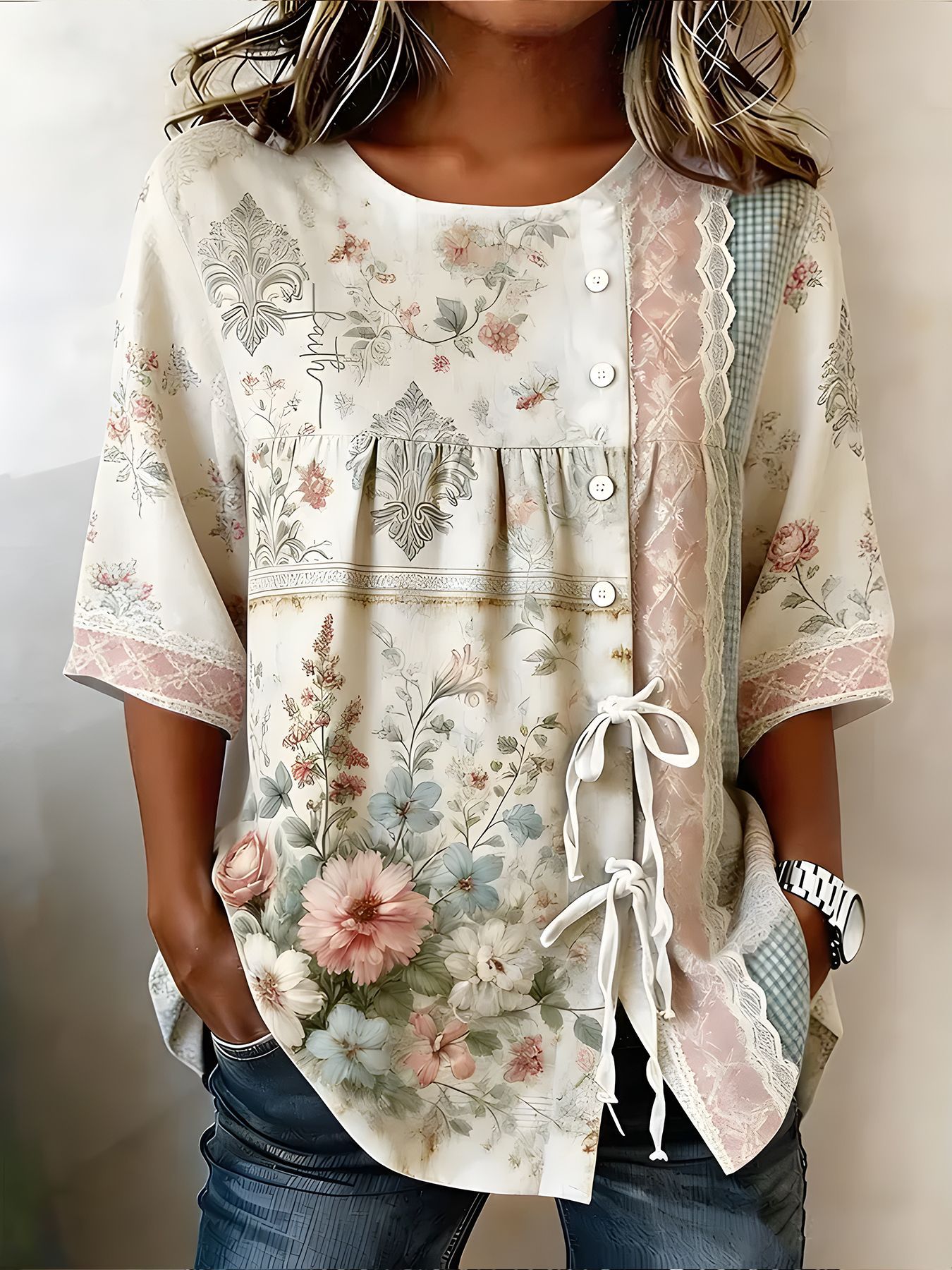 2026 New Style Printed Dandelion Loose Short Sleeve Blouse Women Tie Casual Top