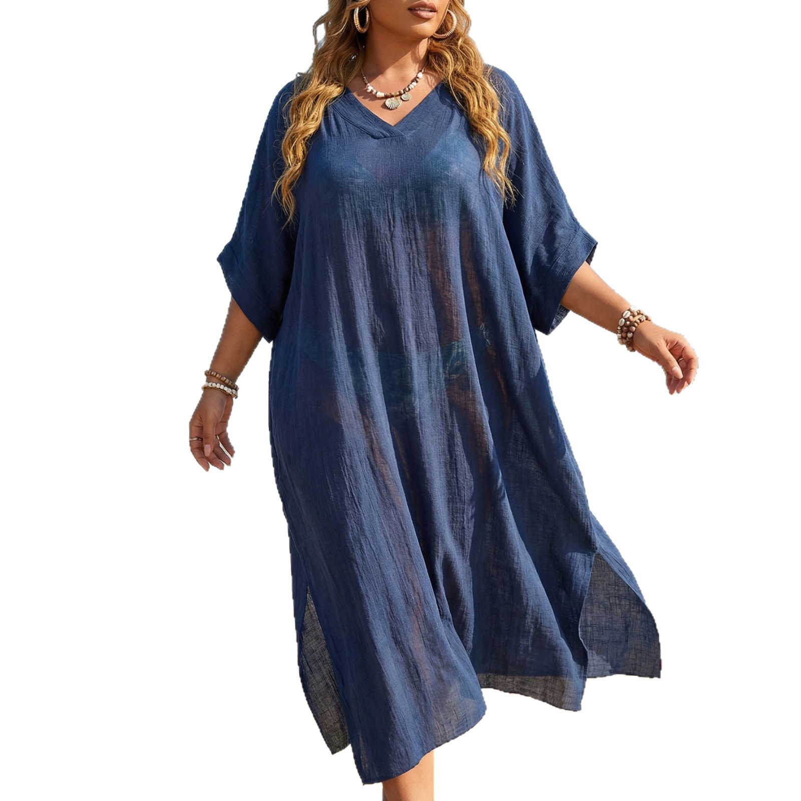 Beach Cover-Up Plus Size Women's Summer V-Neck Loose Casual Dress Split Floor-Length Beach Dress