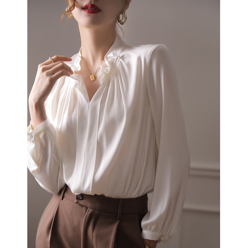 White Silk Top Women's Niche Early Autumn New Long-Sleeve Ruffle Shirt Mulberry Silk Blouse