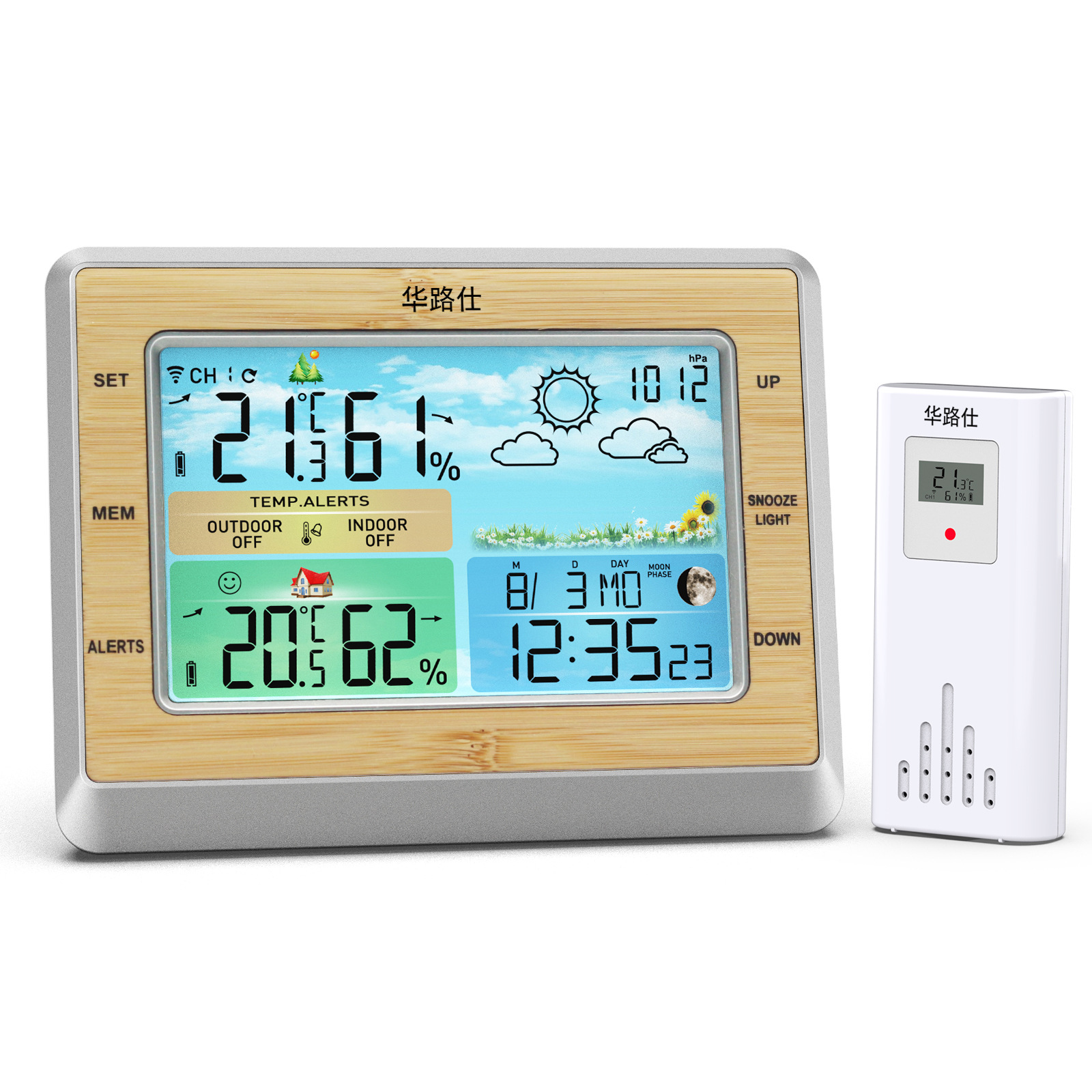 New Color Screen Weather Station Calendar Clock Bamboo Surface Multifunctional Electronic Alarm Clock RF Wireless Weather Forecast Clock
