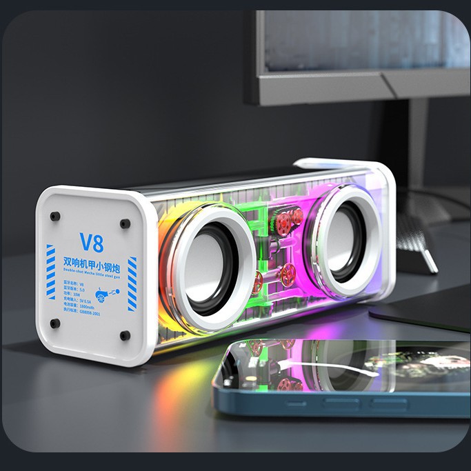 Transparent Mecha Colorful Light Bluetooth Speaker Dual Speaker Mini Speaker Bass Diaphragm Gift Speaker