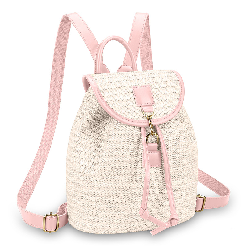 New Simple Patchwork Drawstring Bucket Straw Bag, Vacation Travel Woven Backpack for Women