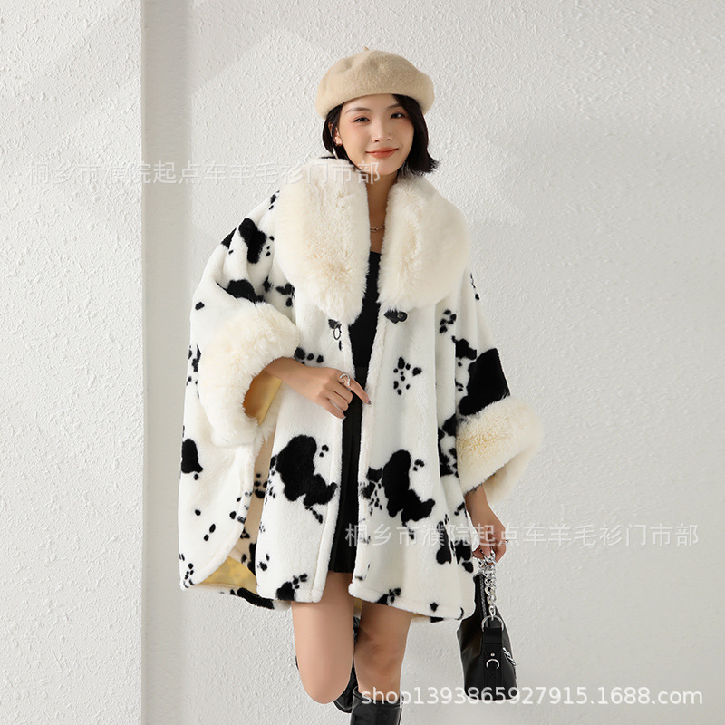 0952# Autumn Winter New Shawl Plus Size Loose Large Fur Collar Fleece Lined Thickened Cape Shawl Printed Wool Coat