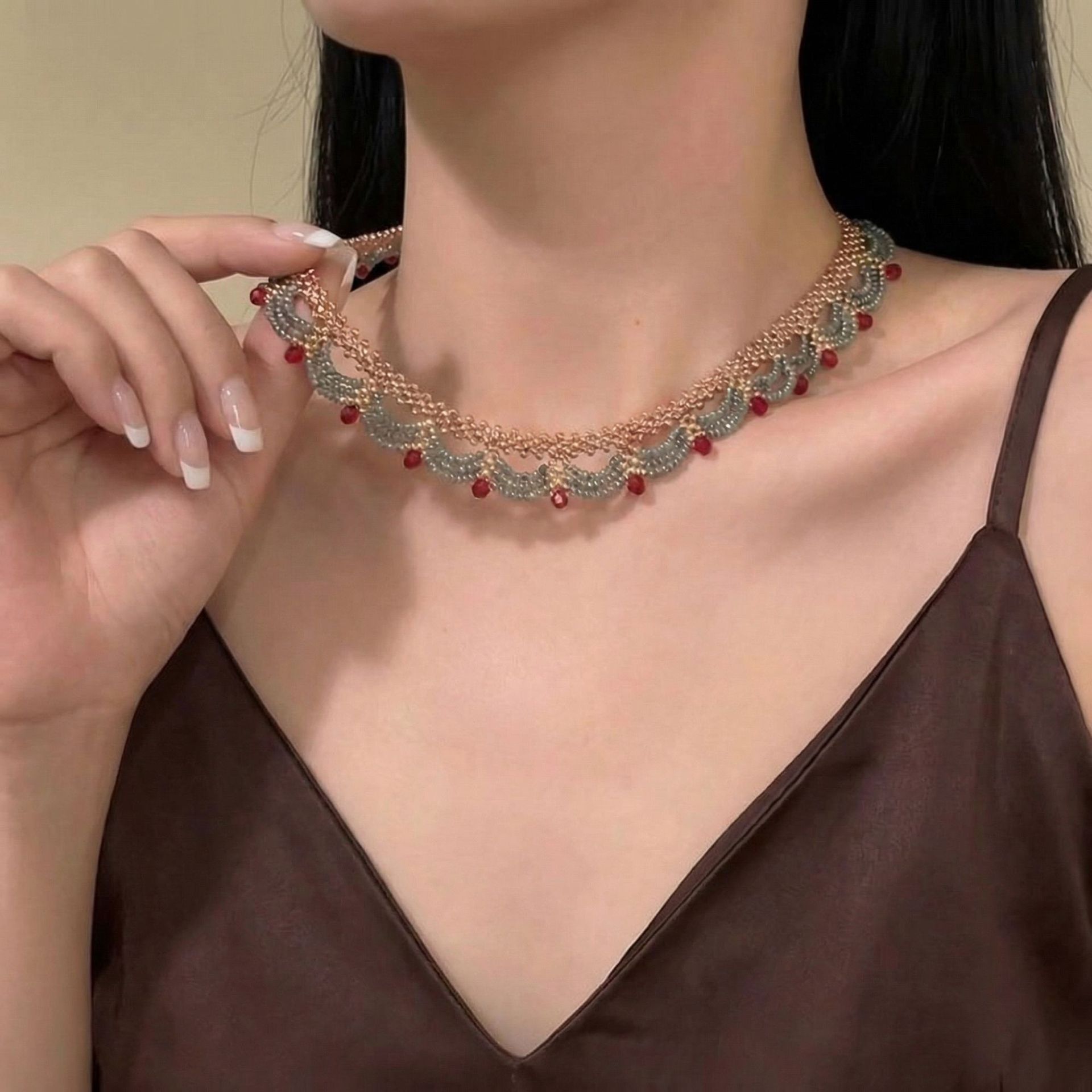 New Chinese Style Spring Summer Lace Red Blue Contrast Beaded Necklace Women National Style Accessories Choker Multi-layer Necklace