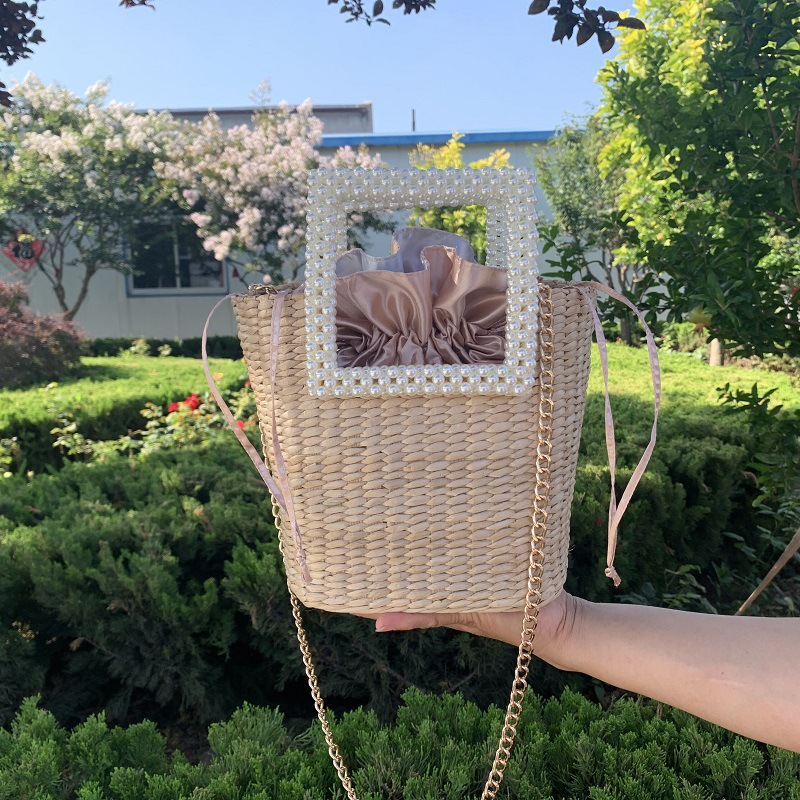 Summer Pearl Handle Straw Women's Bag Shoulder Crossbody Chain Bag Handbag