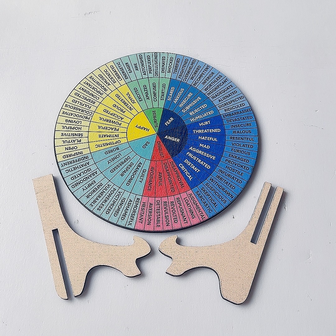 Wooden Round Disc Double-sided Mental Health Emotion Chart with Stand Suitable for Home Office Women Men