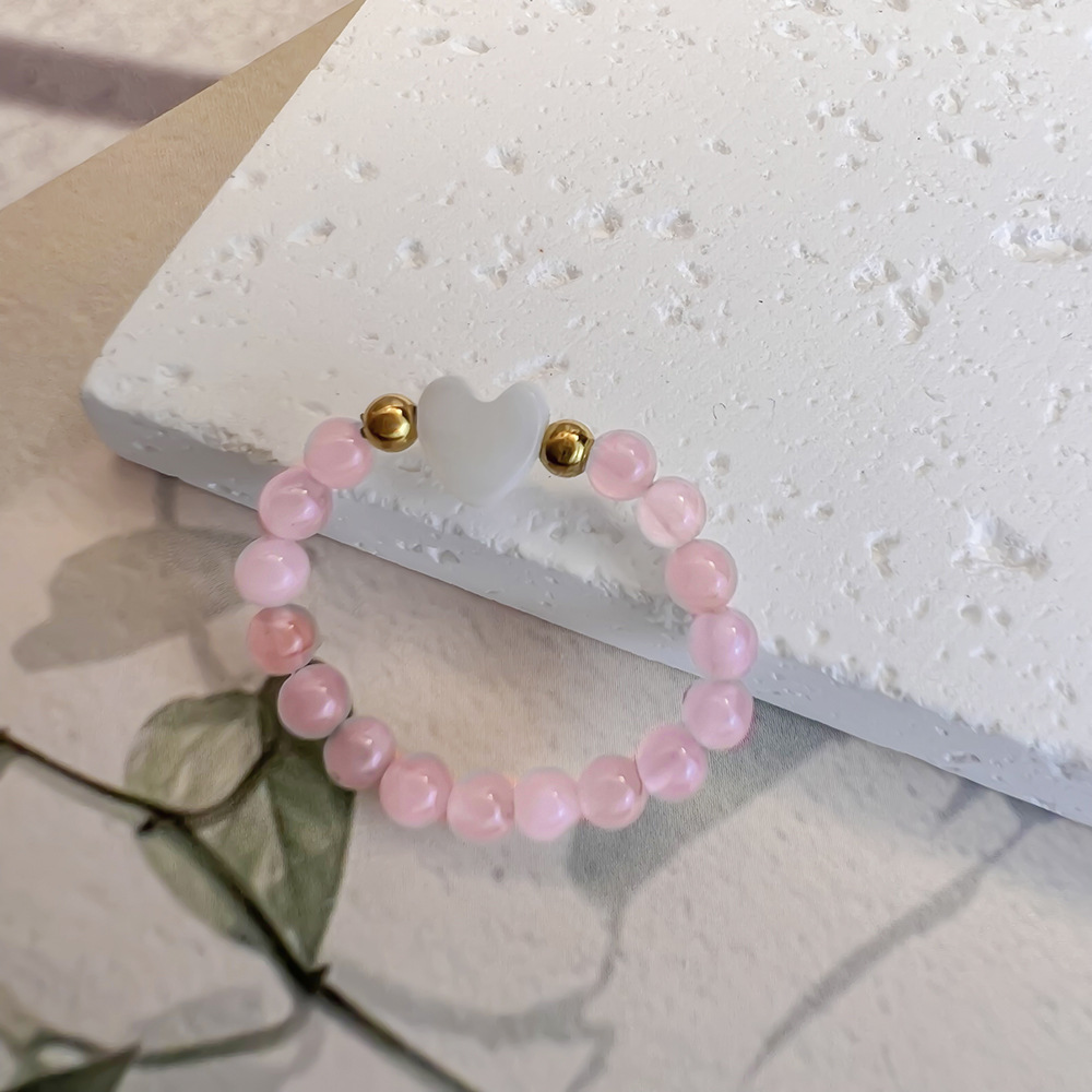Colorful Natural Stone and Stainless Steel Bead Ring: Heart-Shaped Seashell DIY Craft—Sweet Set of Rings for the Index Finger