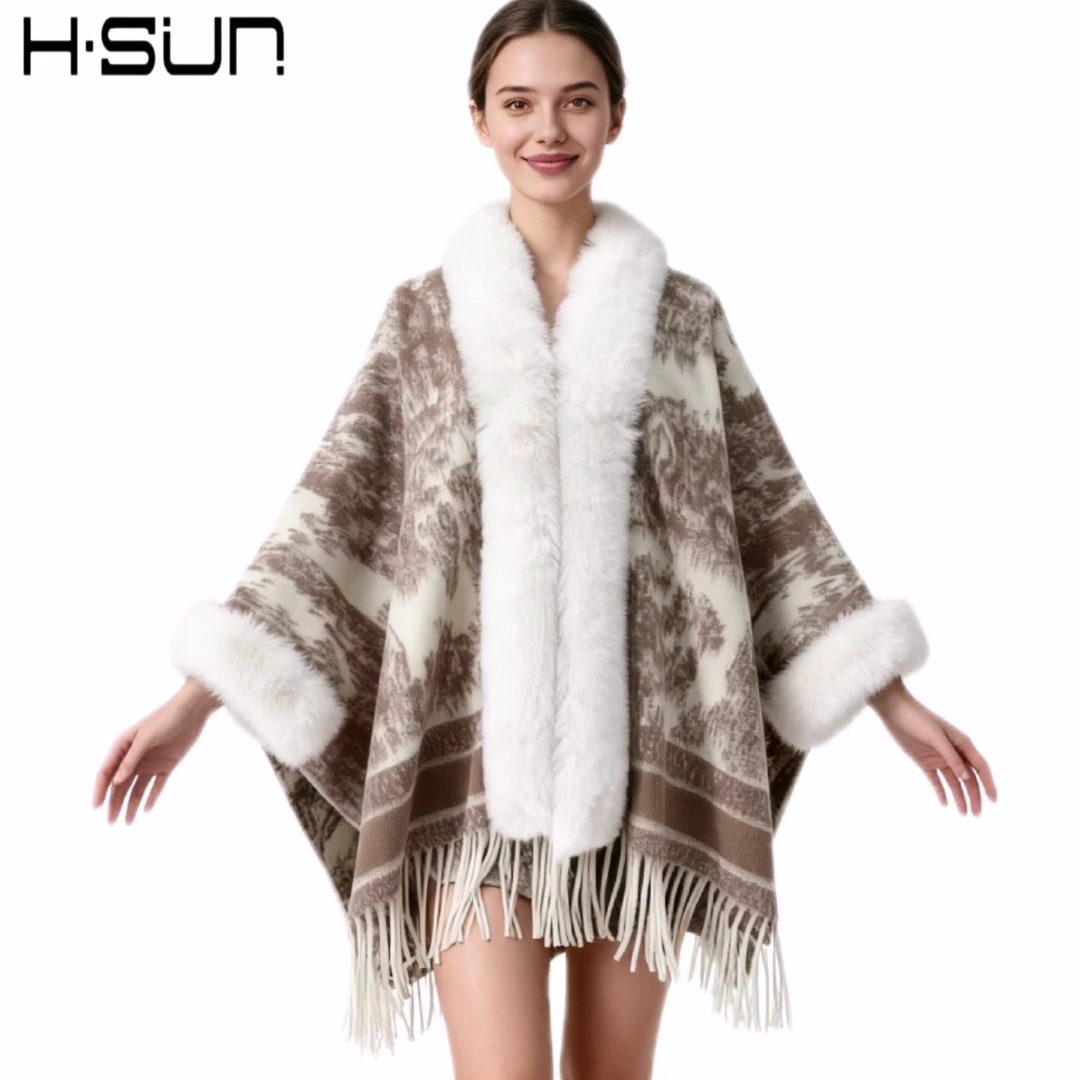 New Knit Cape Poncho Elegant Ethnic Style Fringe Wool Shawl Warm Ethnic Style