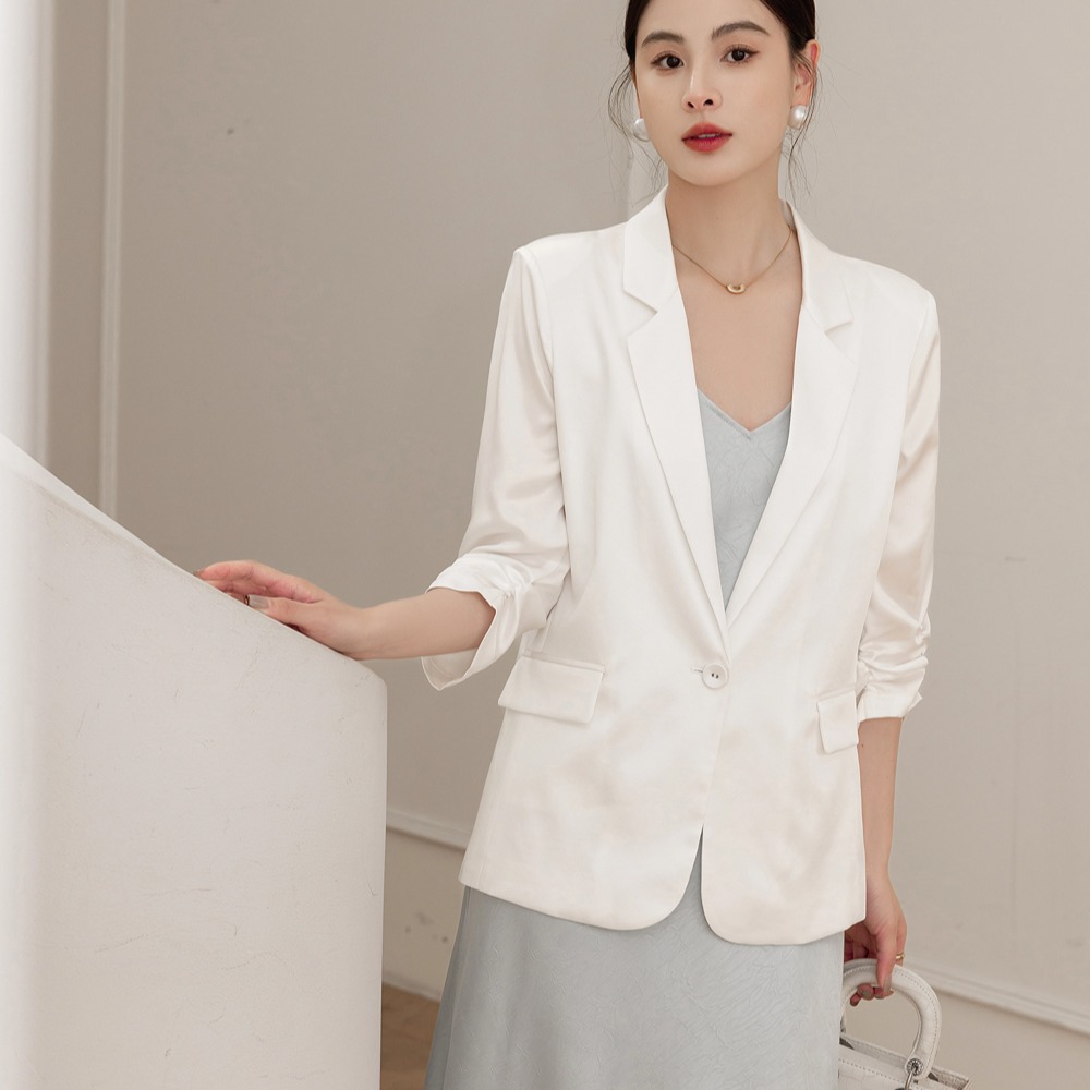 Acetate satin three-quarter sleeve suit jacket 2026 summer solid color blazer women