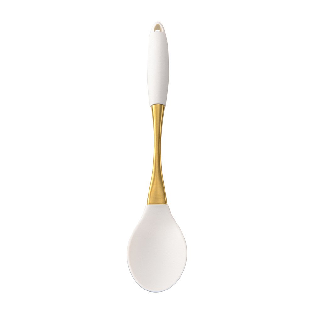 304 Stainless Steel Gold Plated Handle Silicone Cooking Kitchenware Silent Spatula Soup Spoon 8-Piece Set