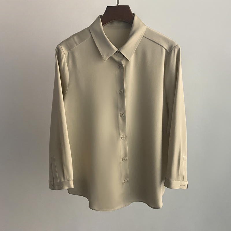 Heavyweight silk three-quarter sleeve shirt, simple high-quality commuting OL short blouse for women