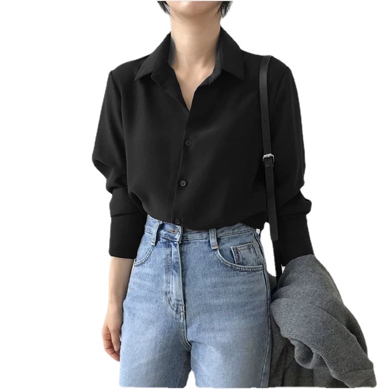 Black Chiffon Shirt Women Loose Polo Neck Long-Sleeve Top Professional OL Solid Color Hong Kong Style Base Blouse Women