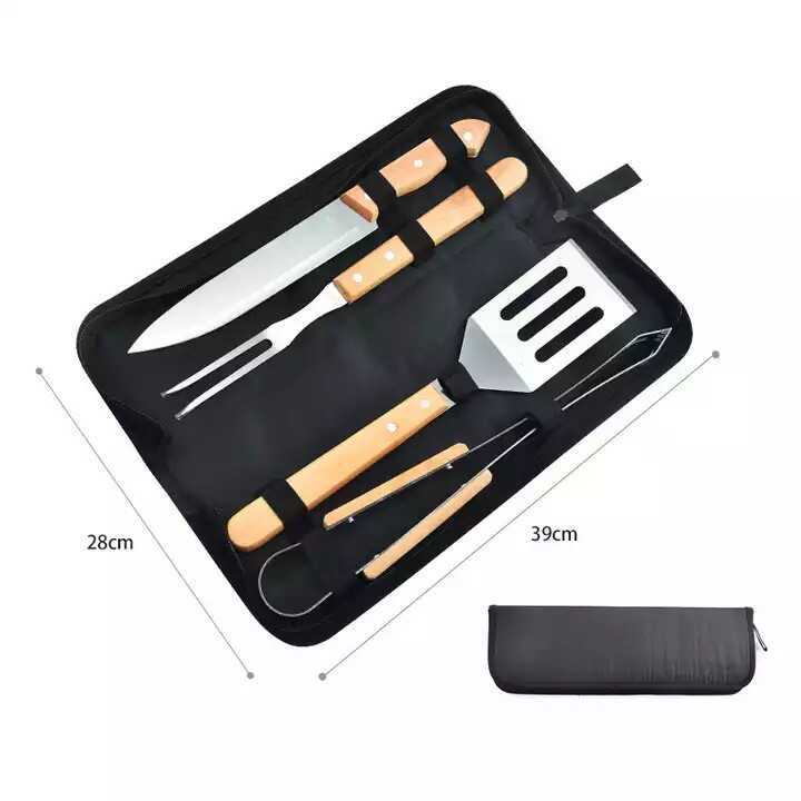 Wooden Handle BBQ Tools Outdoor Camping Home BBQ Set Fork Spatula Tongs BBQ Meat Set Combination Tool