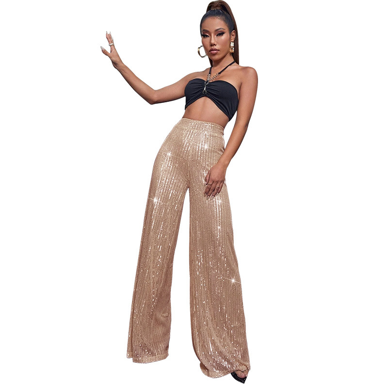 Women's 2026 New Solid Color Wide-Leg Pants Independent Station Draping Sequin Casual Pants Women