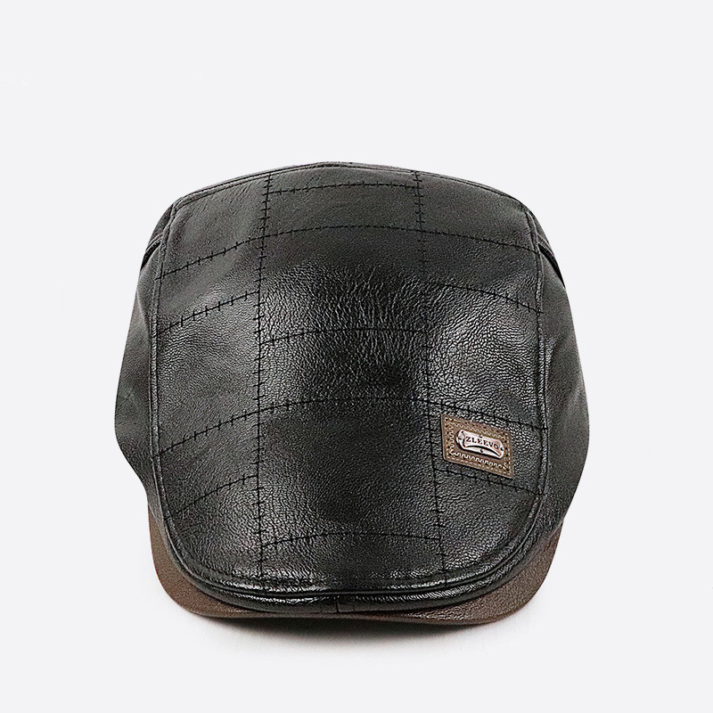 2020 new PU leather cap for middle-aged and elderly, fleece-lined outdoor warm cap, fleece-lined forward beret
