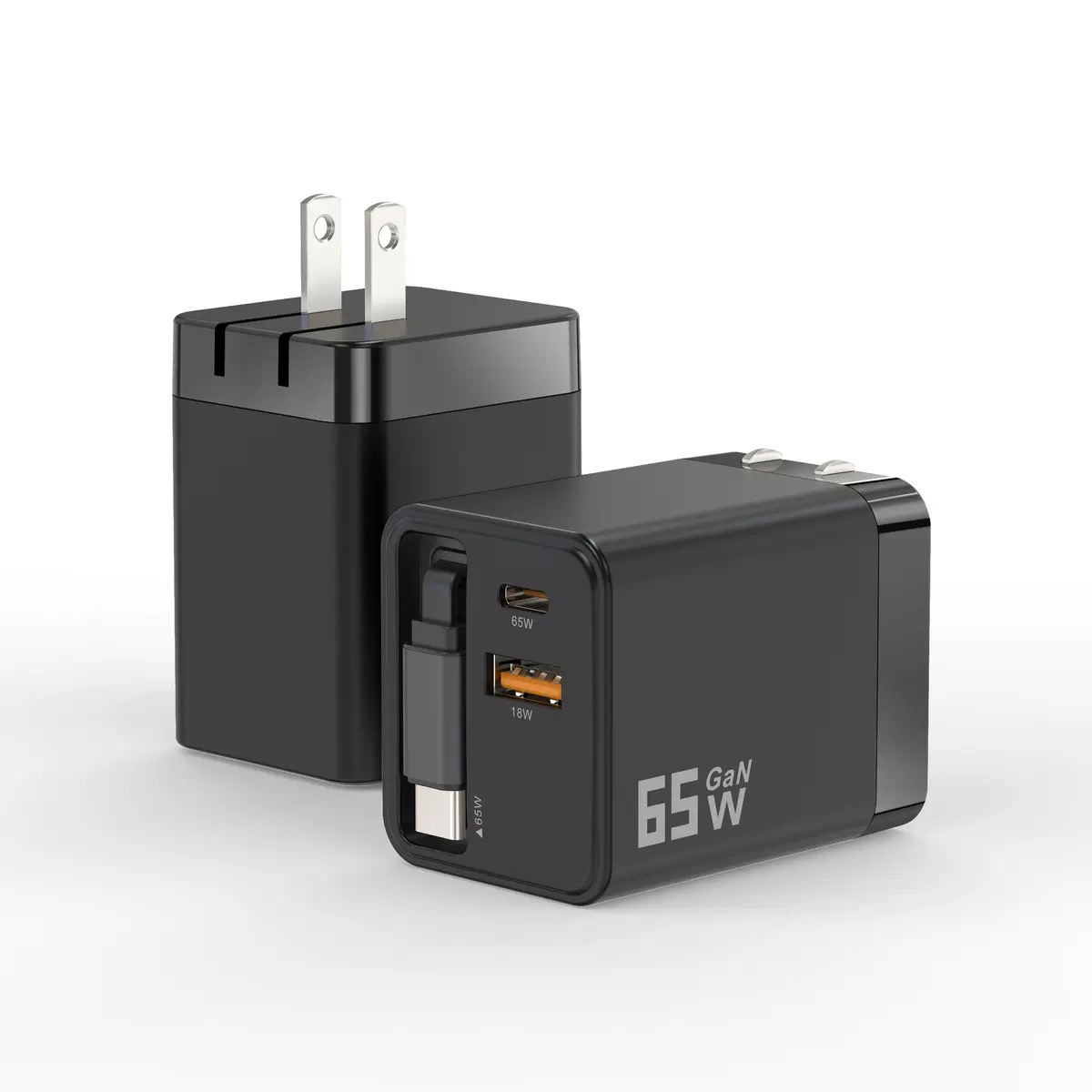 65W GaN charger full protocol fast charging A+C dual port retractable cable applicable to Apple Huawei fast charger