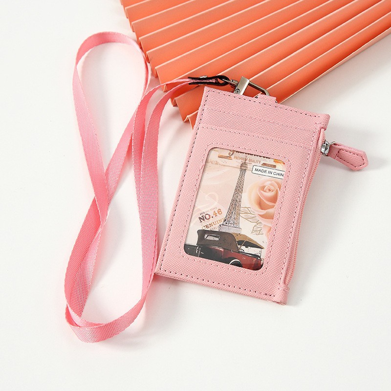PU leather card holder with lanyard men and women card sleeve neck card holder card case coin purse multi-card slot simple card holder