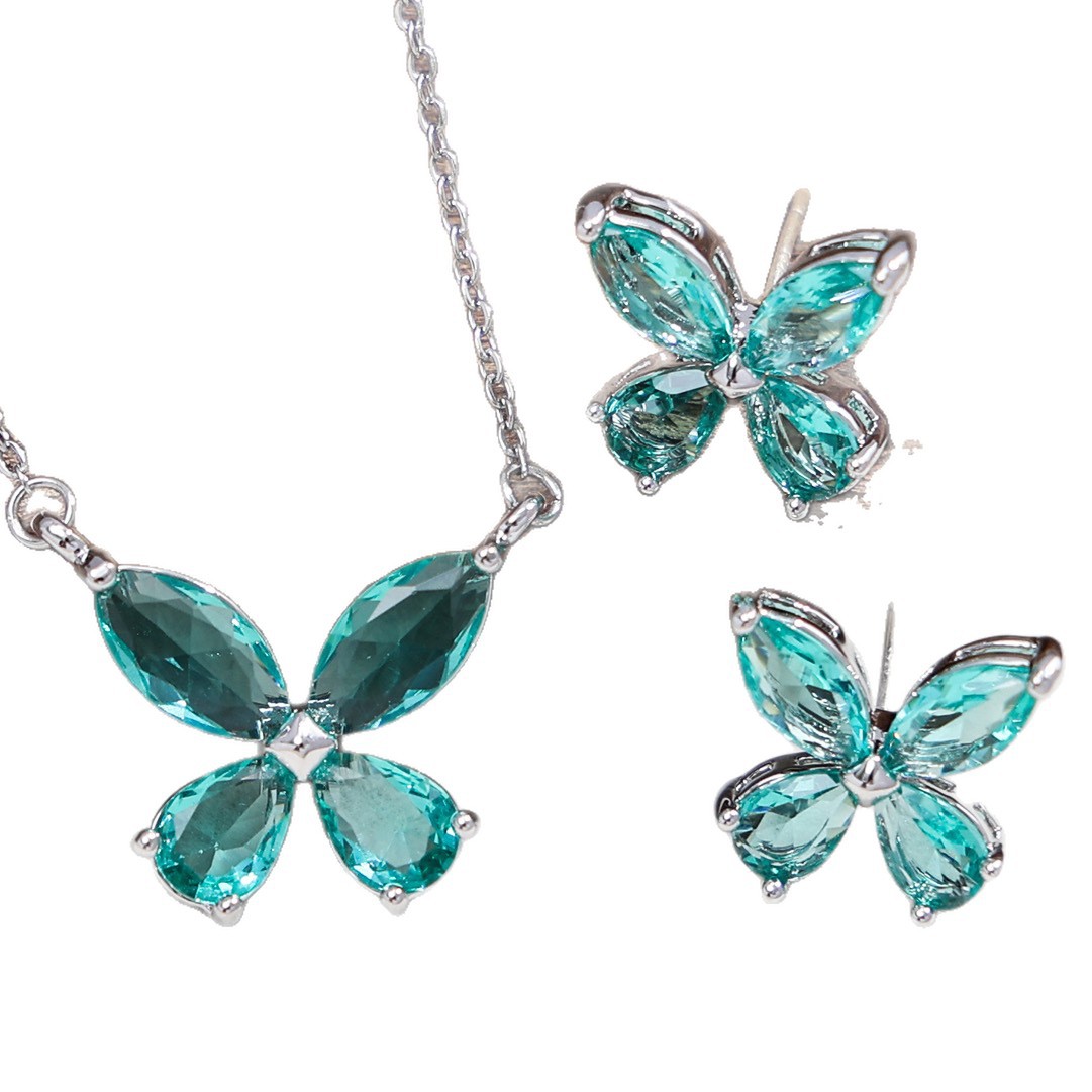 S925 Pure Silver Needle Red Corundum Spinel Butterfly Ear Studs Super Fairy Lake Green Pendant Collarbone Chain Women's Accessory