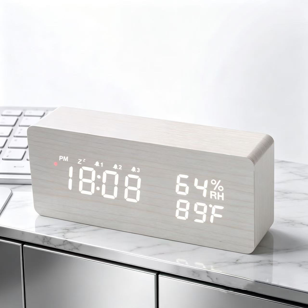 Smart radio-controlled clock with automatic time setting, snooze alarm, Japanese radio-controlled clock, LED wooden clock, German radio-controlled electronic clock