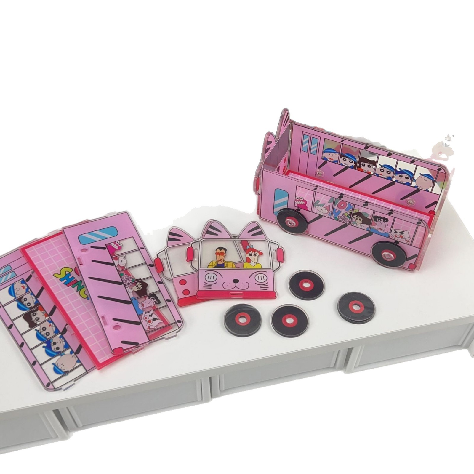 Crayon Shin-chan Acrylic School Bus Pencil Holder Cute Cartoon Storage Box Desktop Organizer DIY Birthday