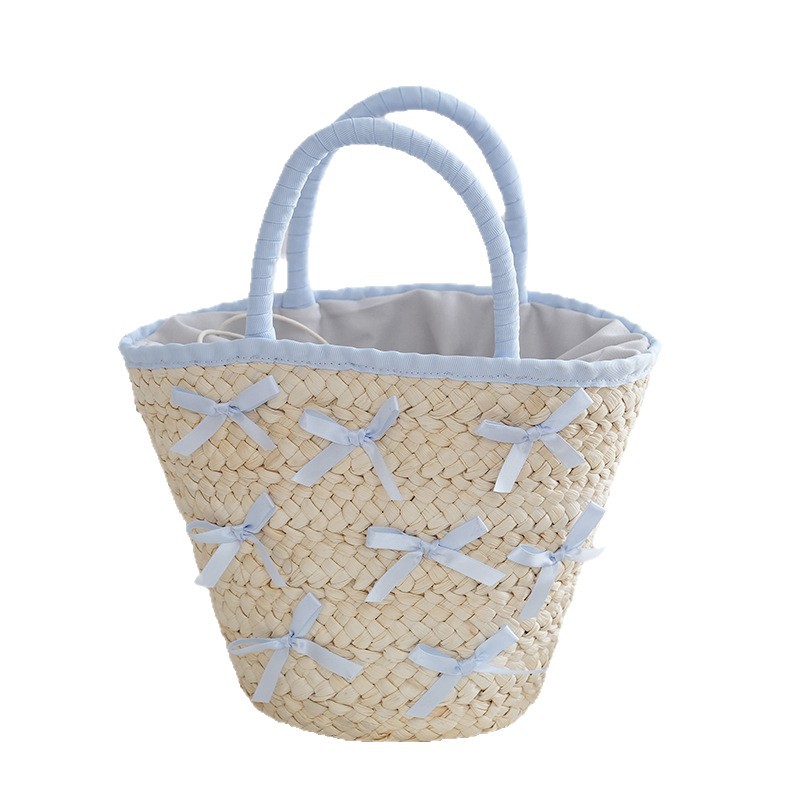 Korean chic urban minimalist straw woven bag with bow, large capacity bucket shoulder bag, beach vacation bag