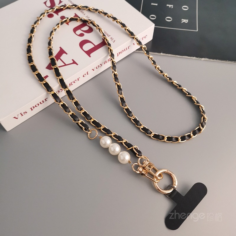 Diagonal crossbody pearl leather card chain phone lanyard women small fragrance long back strap metal chain Nordic style new