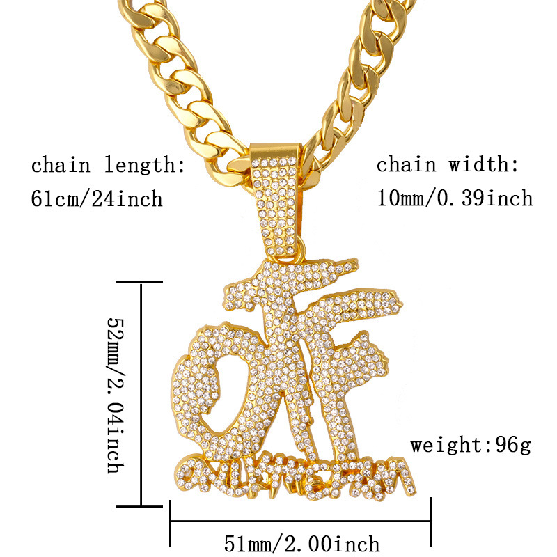 Hip-hop full diamond spliced letter OFF pendant necklace punk rap Cuban jewelry