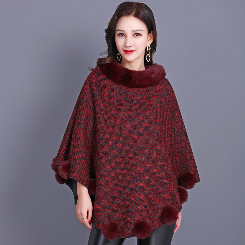 Brown Women's Coat Shawl Scarf Imitation Rabbit Fur Mid-Length Sleeveless Adult Pom Pom Winter Warm Shoulder Cape