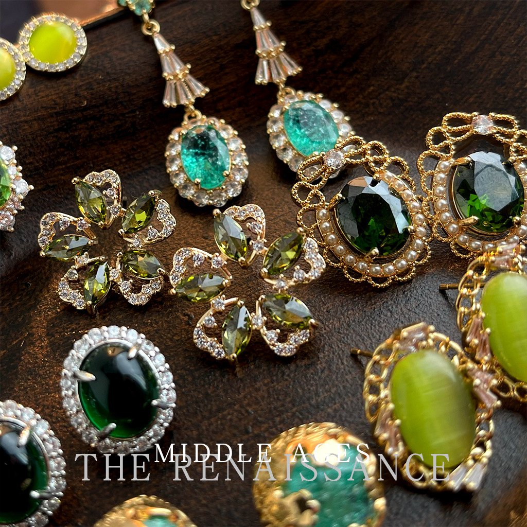 Vintage Retro Colored Gem Green Zircon Earring Collection Court Style Ear Studs Ear Accessories