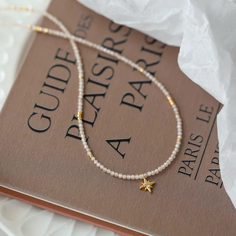 Champagne zirconia moissanite bead necklace women's summer niche star early spring accessories collarbone chain