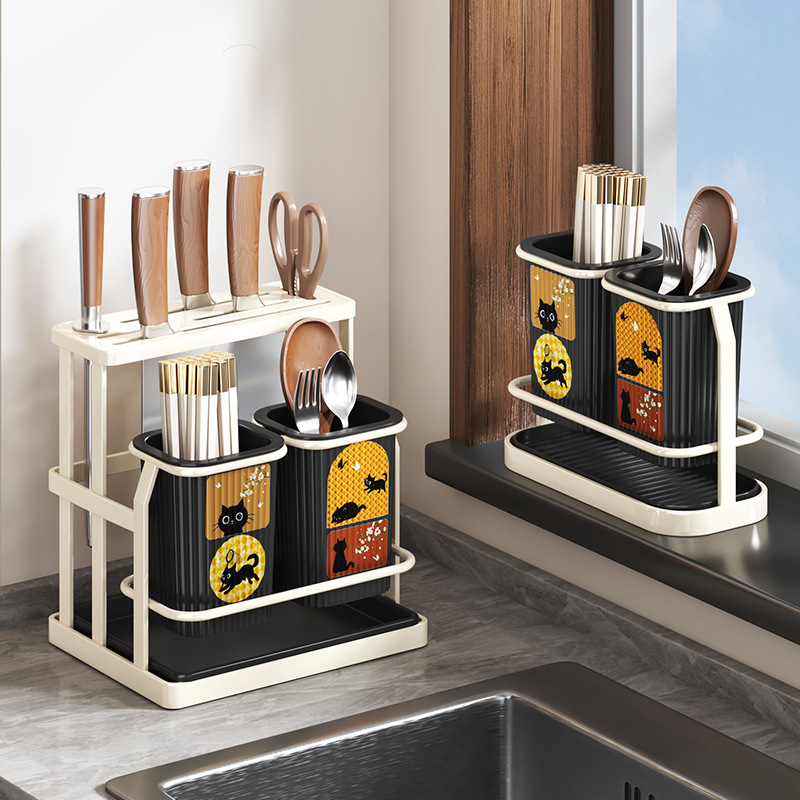 Kitchen Knife Rack Chopstick Holder Shelf Wall-mounted Multi-functional Knife Integrated Ventilated Countertop Storage Rack Chopstick Tube Drain