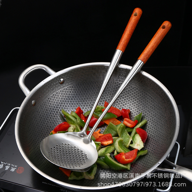 304 Stainless Steel Spatula Extended Wooden Handle Frying Spatula Spoon Cooking Spoon Kitchen Supplies Cookware Set