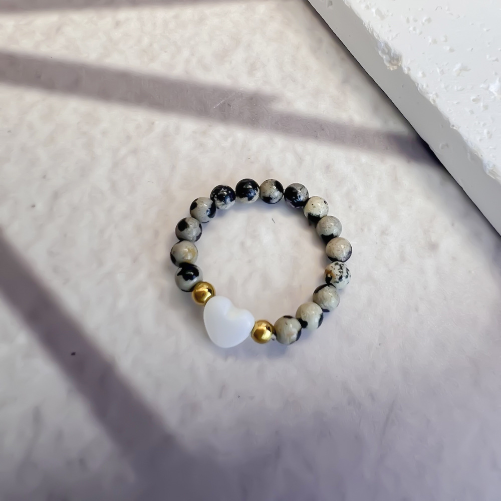 Colorful Natural Stone and Stainless Steel Bead Ring: Heart-Shaped Seashell DIY Craft—Sweet Set of Rings for the Index Finger