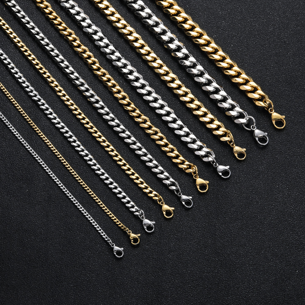 Stainless steel six-sided polished Cuban chain lobster clasp necklace 3mm 5mm 7mm 9mm 11mm Cuban necklace