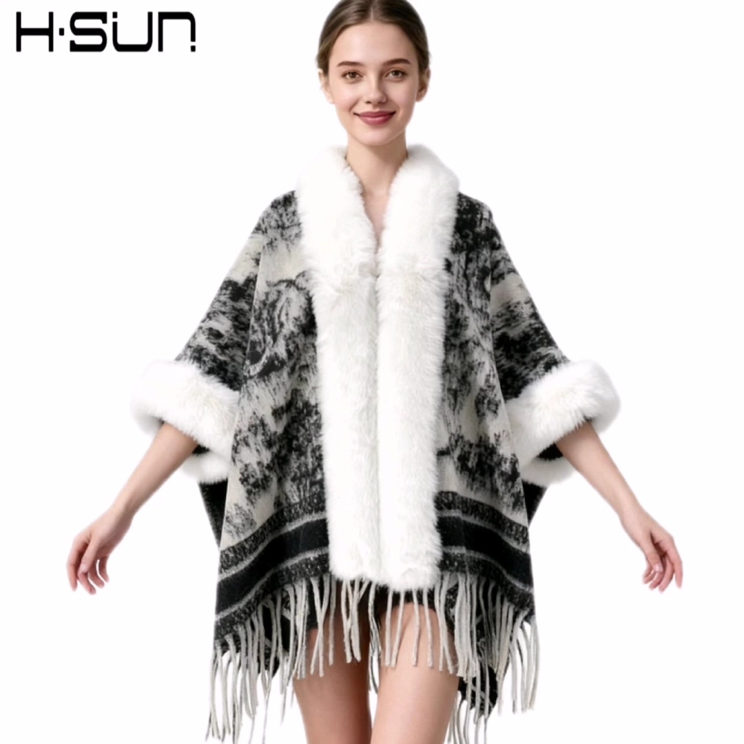 New Knit Cape Poncho Elegant Ethnic Style Fringe Wool Shawl Warm Ethnic Style