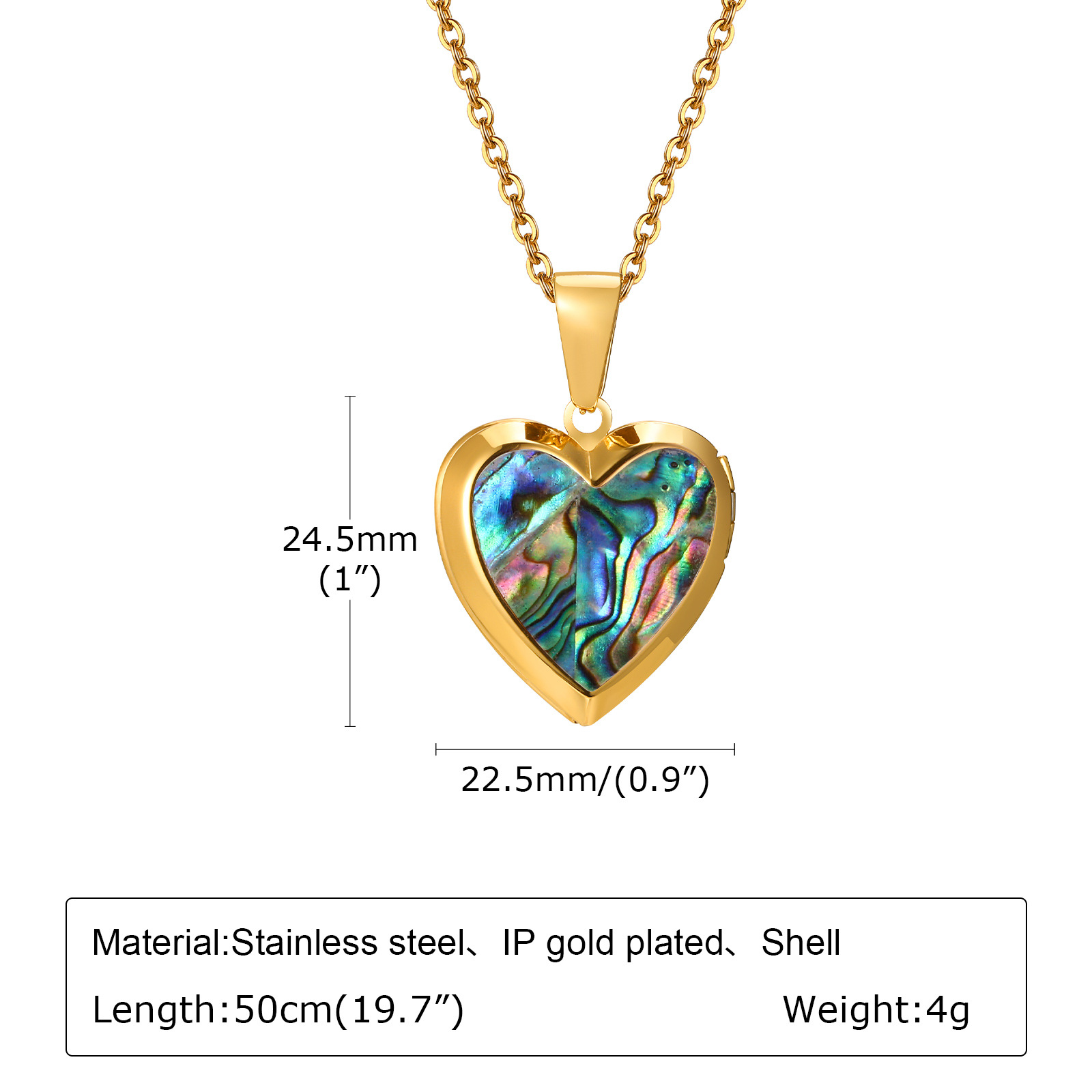 Stainless Steel Women's Gold Heart Pendant White Shell Abalone Pattern Necklace Openable Photo Locket Necklace