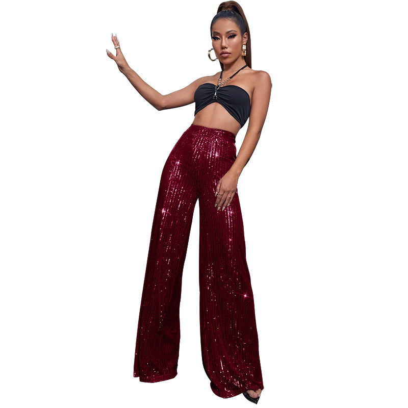 Women's 2026 New Solid Color Wide-Leg Pants Independent Station Draping Sequin Casual Pants Women