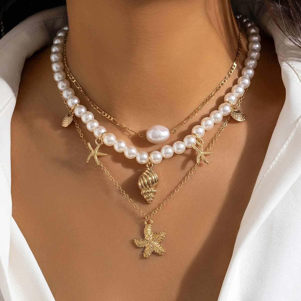 Jewelry bead necklace beach faux pearl ornament starfish shell vacation necklace