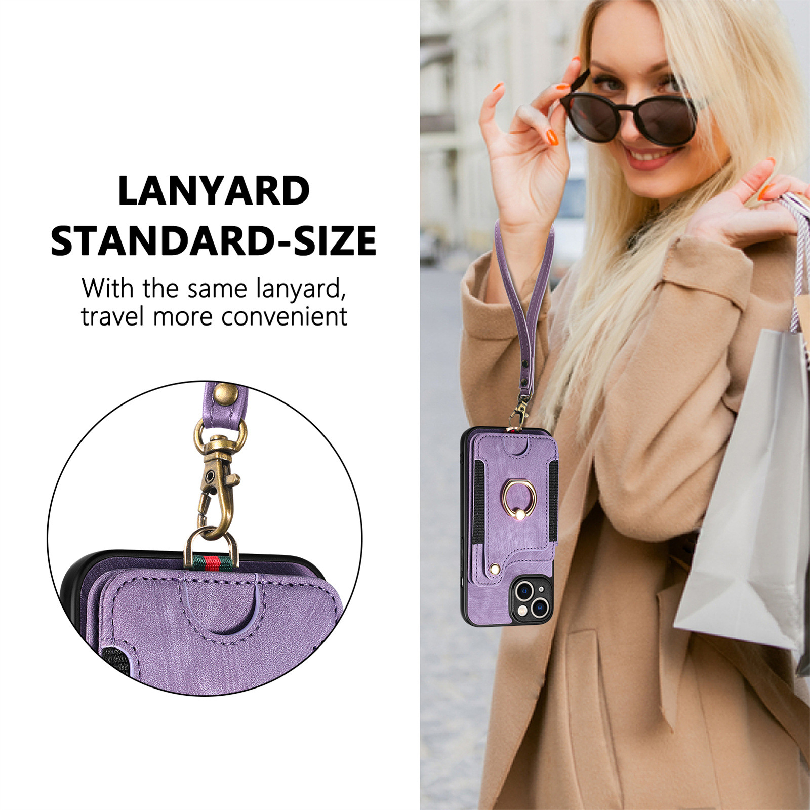 For iPhone18 phone leather case RFID anti-skimming ring buckle lanyard multifunctional card holder Apple phone