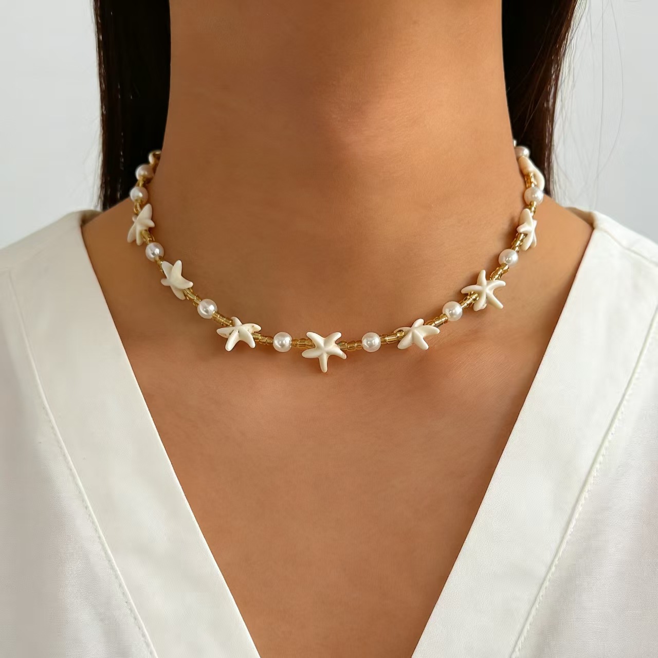 Bohemian Summer Beach Shell Collarbone Chain Niche Seaside Imitation Pearl Starfish Conch Pendant Necklace Bracelet