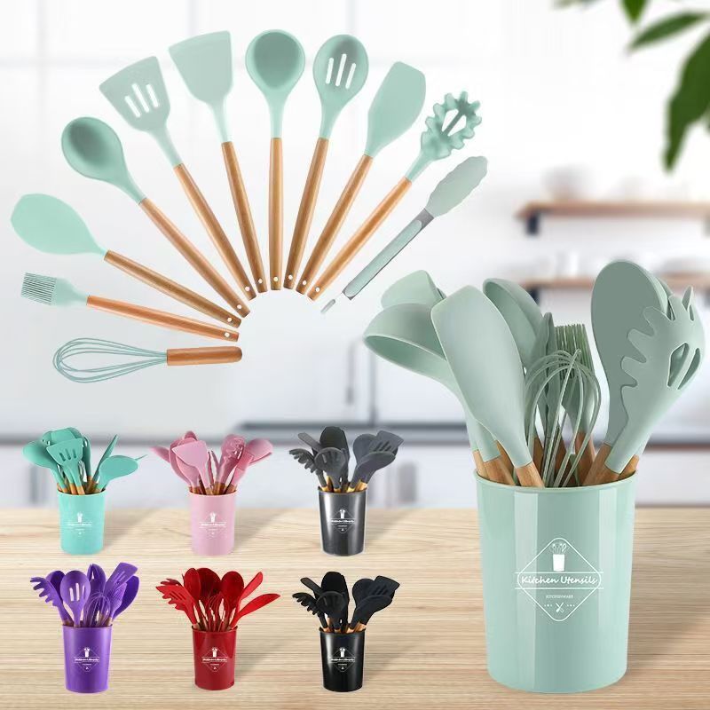 Wooden Handle Silicone Kitchen Utensils 12-Piece Set Non-Stick Pan Spatula Skimmer Ladle Cooking Tool Set