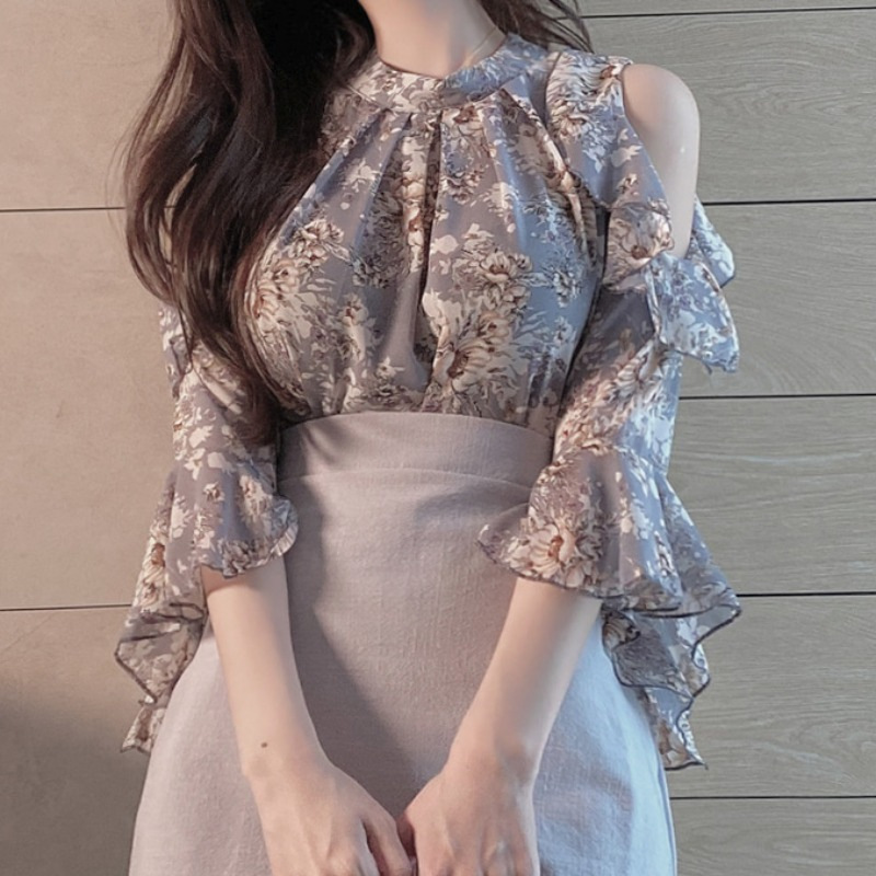Floral Chiffon Blouse Summer Off Shoulder Top Sweet Shirt Women