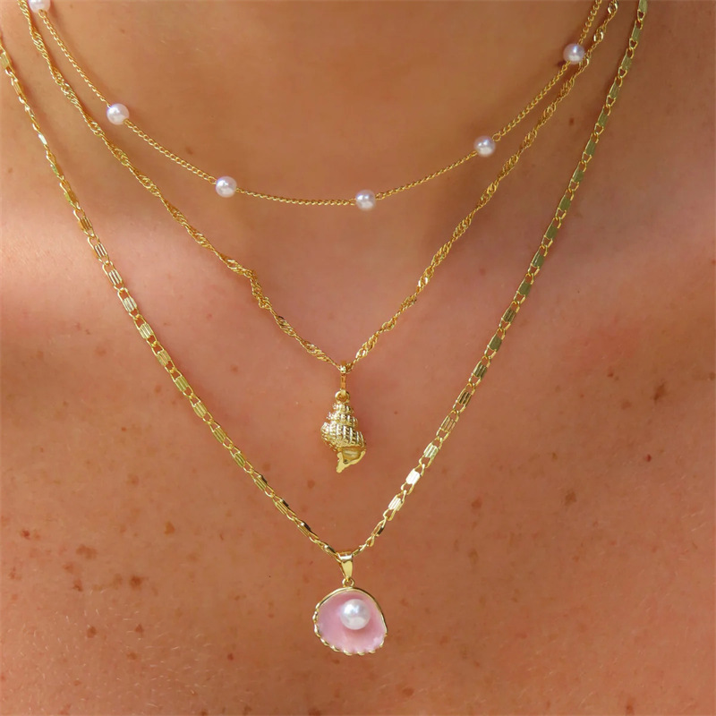 Unique Design Ocean Style Shell Starfish Double Layer Imitation Pearl Collarbone Chain